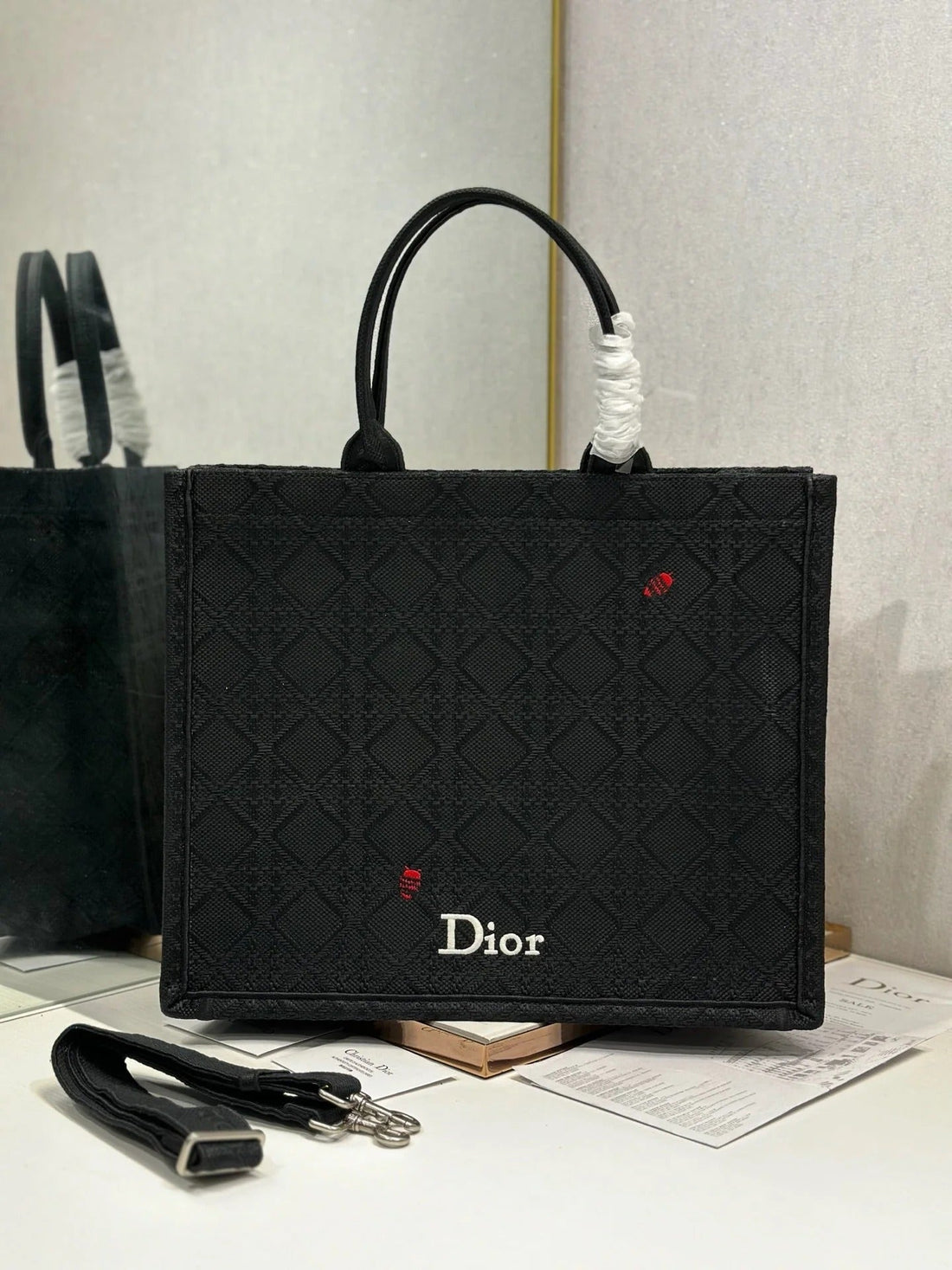 CD 2026 Book Tote Bag With Red Beetle-Shaped Embellishments Black Canvas 288481