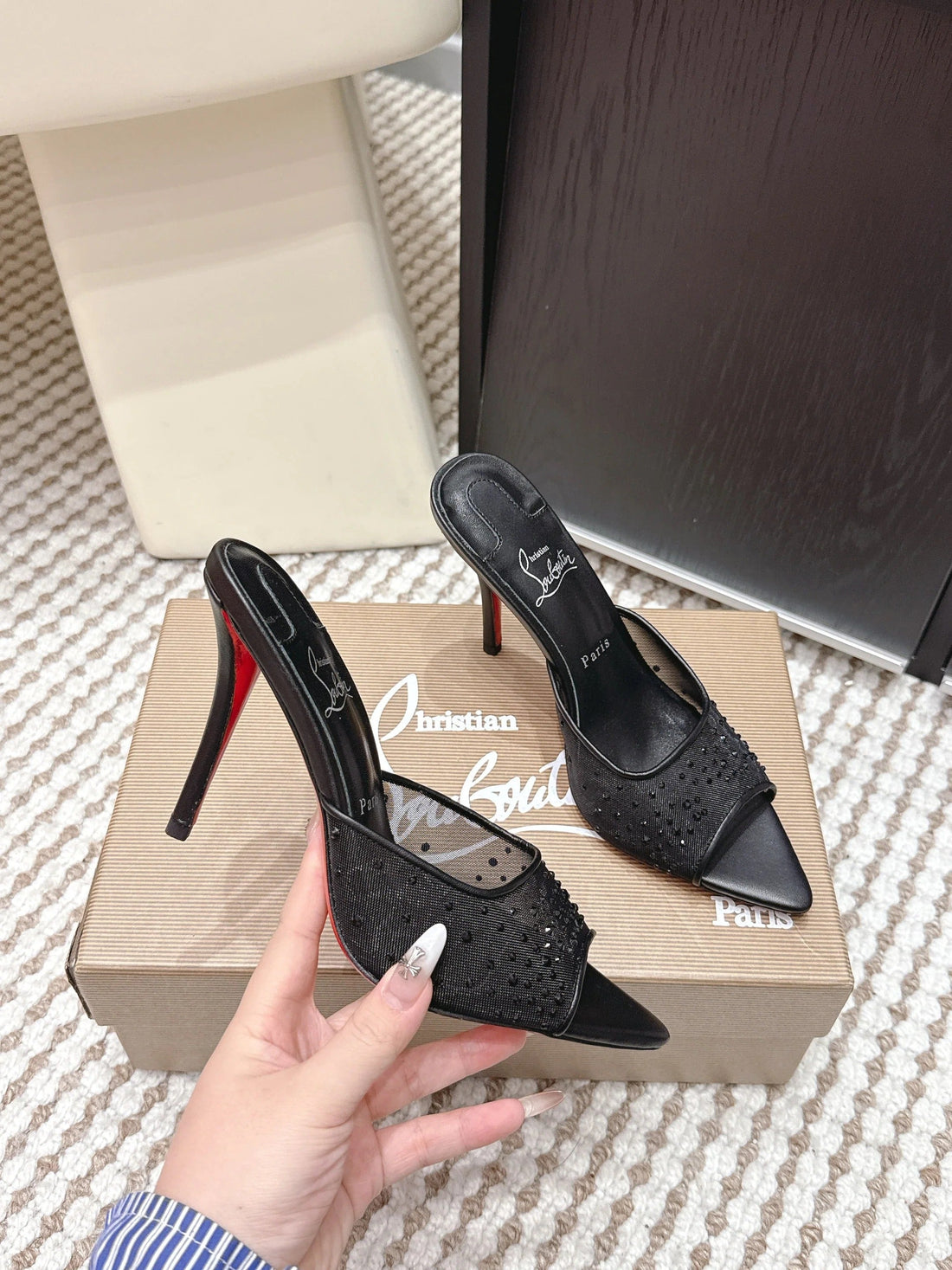Cl 26SS High-Heeled Slippers 100 Black Mesh Rhinestone Leather 658054