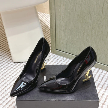 YSL 26SS High Heel Pumps 85 Black Patent Leather Gold 654697