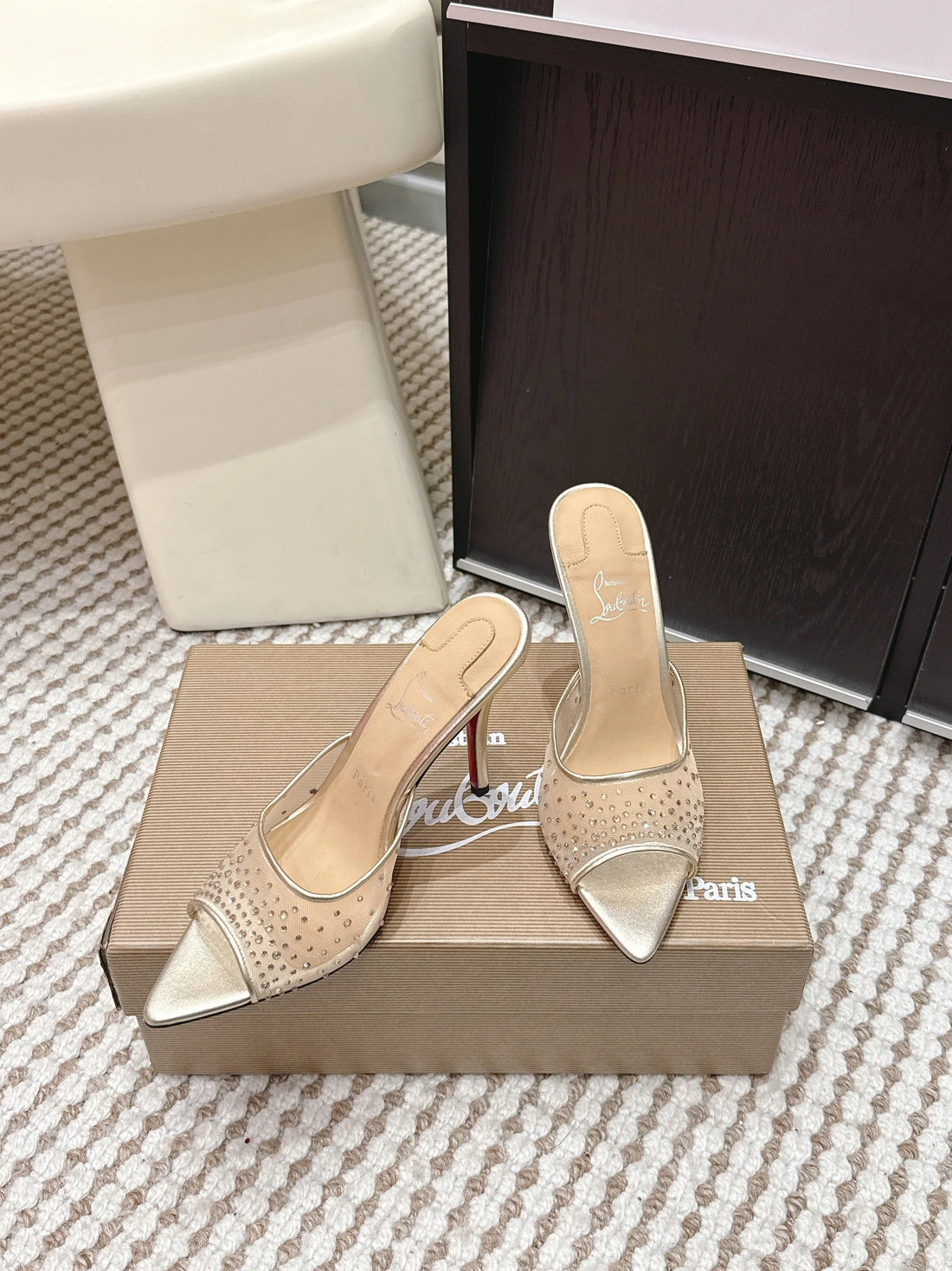 Cl 26SS High-Heeled Slippers 100 Gold Champagne Mesh Rhinestone Leather 658053
