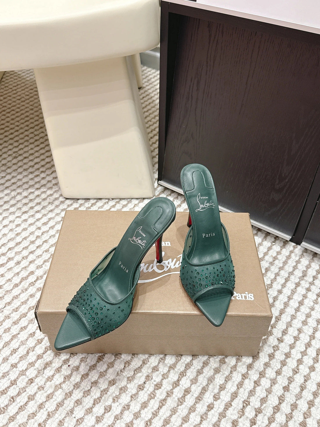Cl 26SS High-Heeled Slippers 100 Emerald Green Mesh Rhinestone Leather 658056