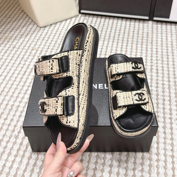 CC 26S Sandals Black Beige Leather Raffia 632396