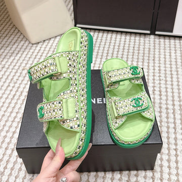 CC 26S Sandals Light Green Beige Leather Raffia 632392