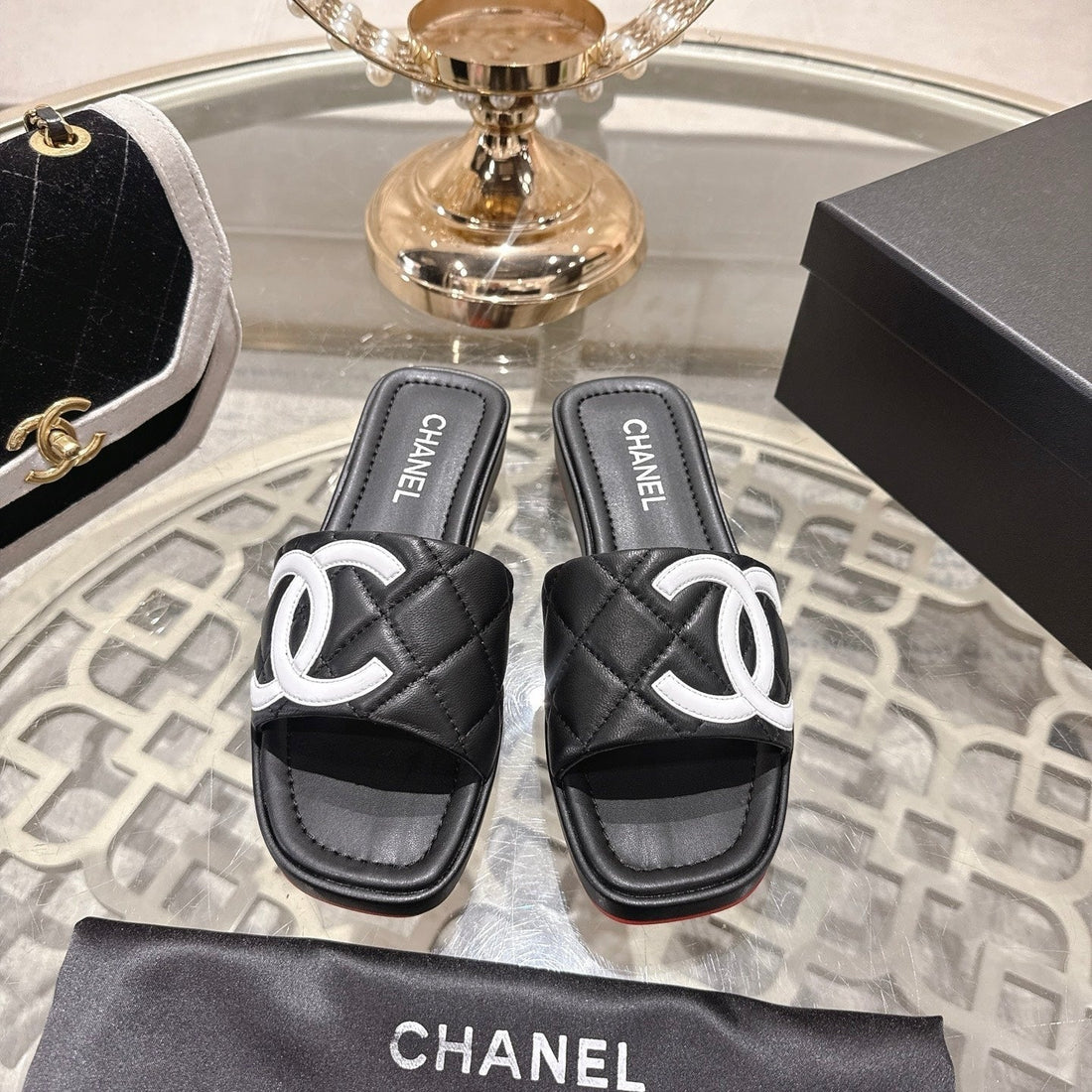 CC 26S Platform Slippers Black White Sheepskin 627072