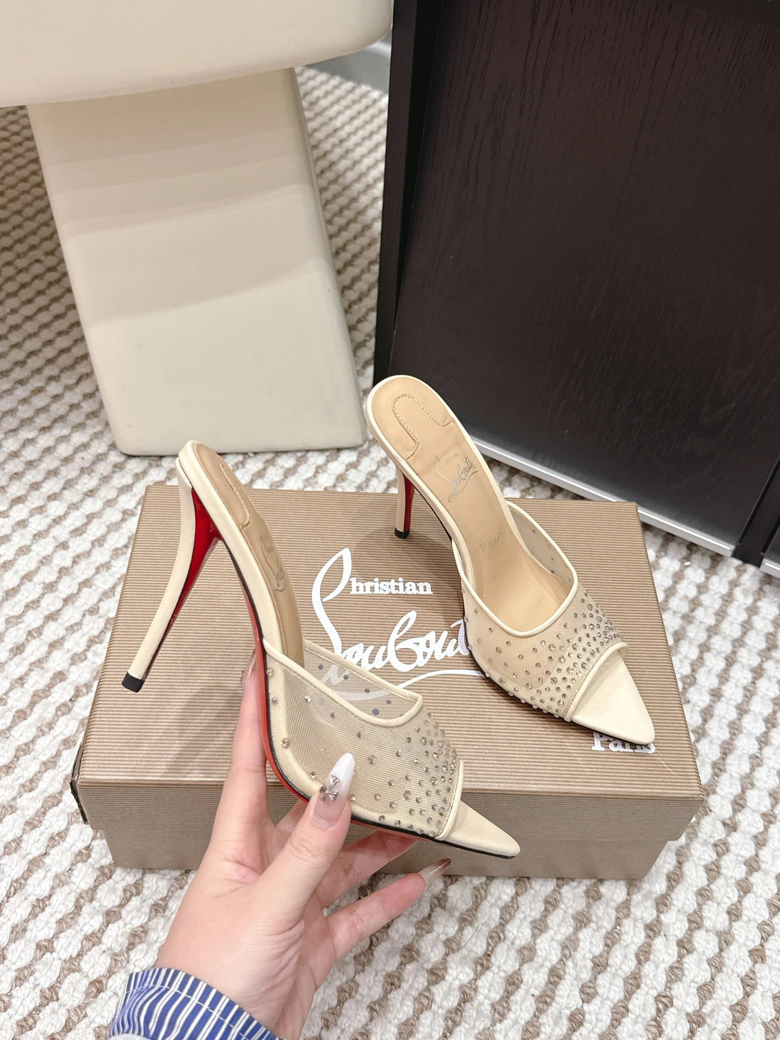 Cl 26SS High-Heeled Slippers 100 Beige Mesh Rhinestone Leather 658055