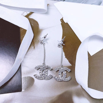 Double C Drop Silver Diamond Earrings