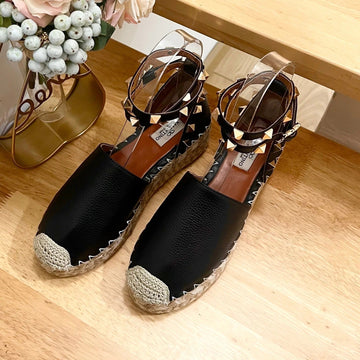 Black Leather Rockstud Espadrilles Ankle Strap Flats