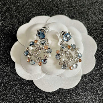 Double C Stud Earrings In Silver Metal White Pearl Gold And Blue Stones