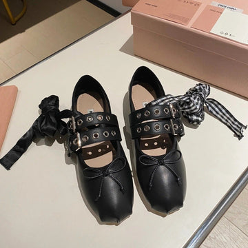 Ballet Flat Shoes Black Lambskin With Unique Black Straps