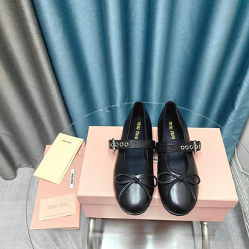 Black Ballet Shoes Cowhide With Button