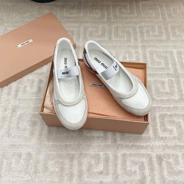 Ballet Flat Shoes In White Mesh And Beige Suede