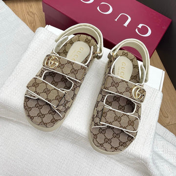GG Classic Sandals 25S In Beige Fabric With Gold Hardware