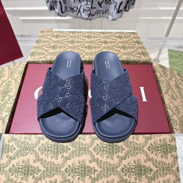 GG Slides In Navy Blue Suede With Embossed Logo Style 10