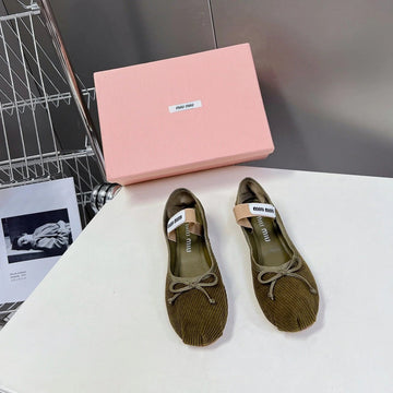 Ballet Flat Shoes Dark Olive Color Sheepskin