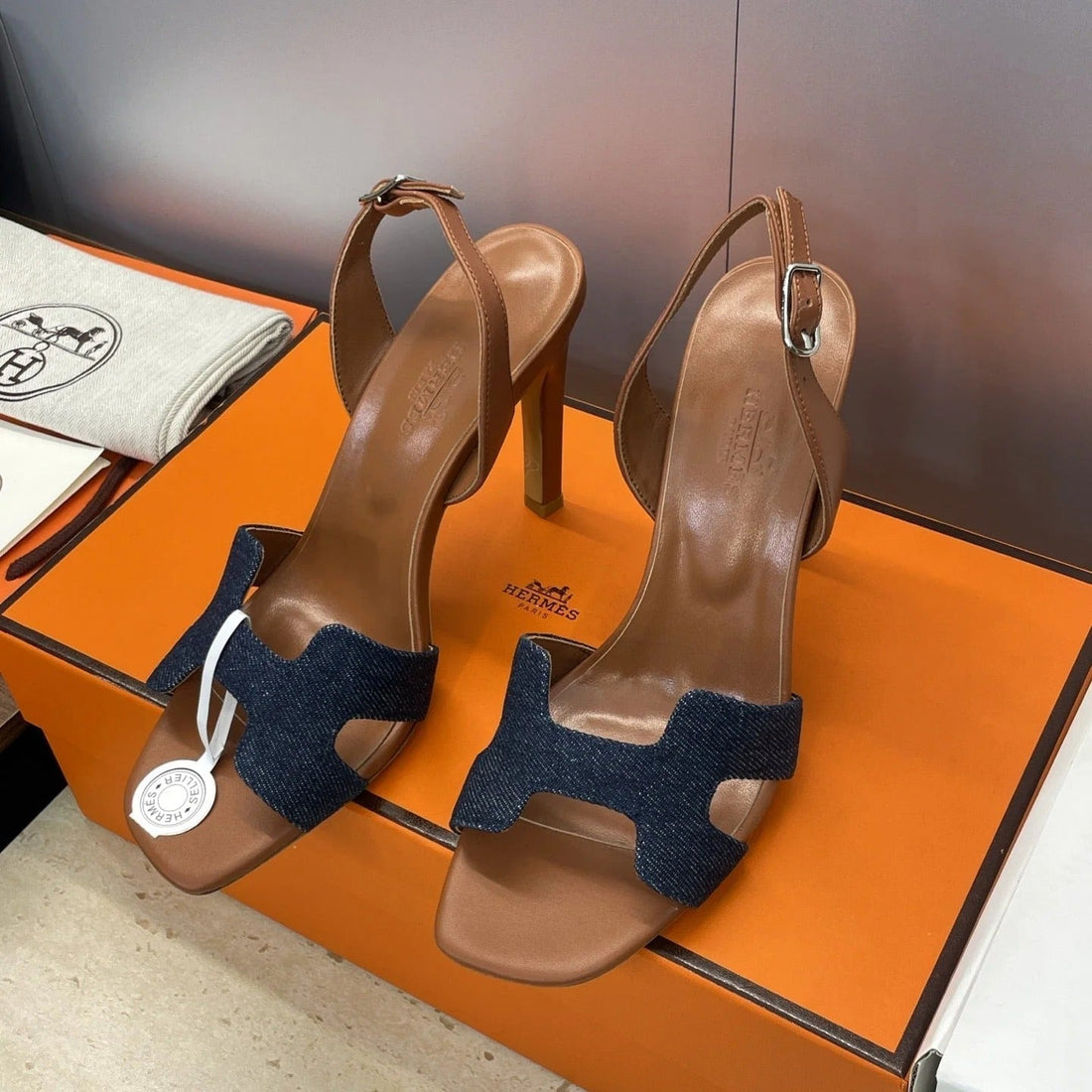 Hm 26SS High Heel Sandals 105 Brown Dark Blue Denim Cowhide 607148