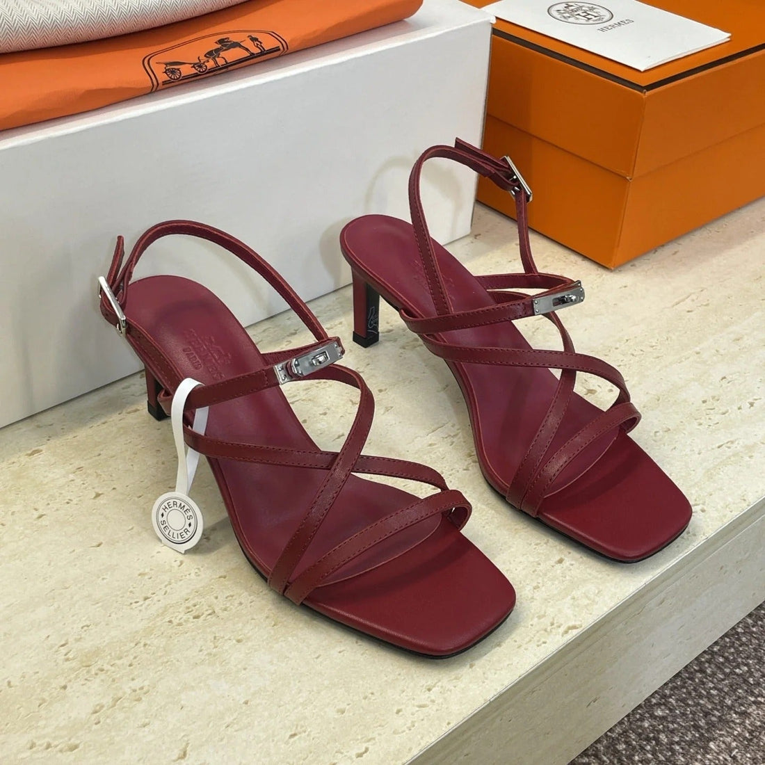 Hm 26SS Kelly Sliver Buckle Sandals 65 Dark Red Calfskin 607174