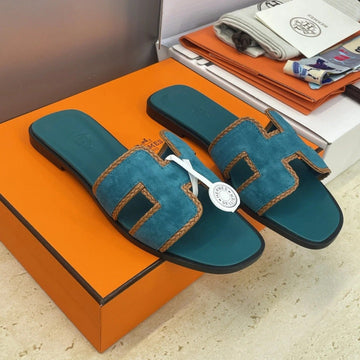 Hm 26SS Oran Sandals Teal Blue Suede Calfskin 607249