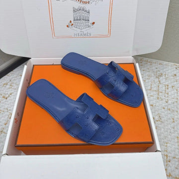 Hm 26SS Oran Sandals Blue Encre Ostrich Leather 625091