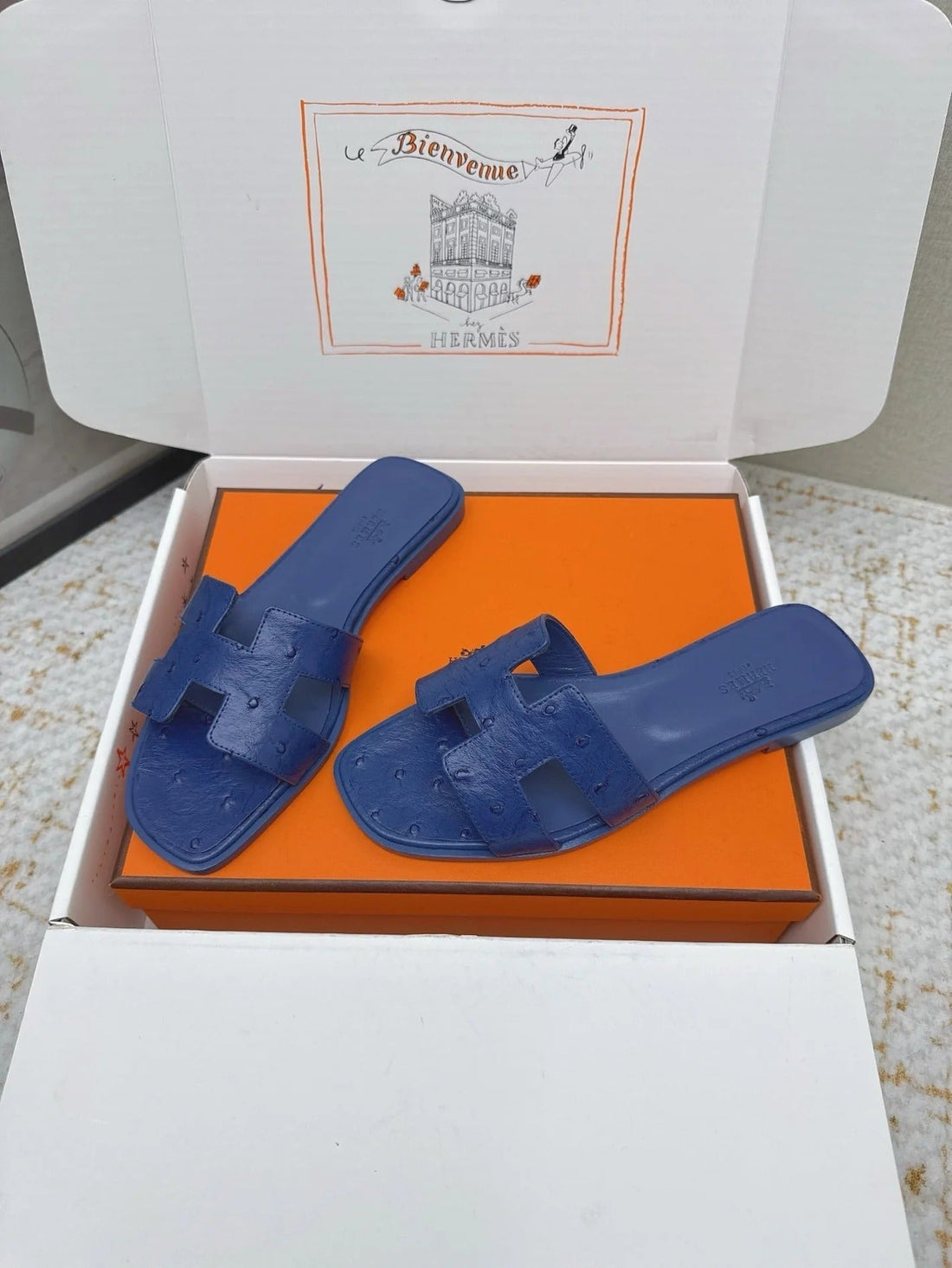 Hm 26SS Oran Sandals Blue Encre Ostrich Leather 625091