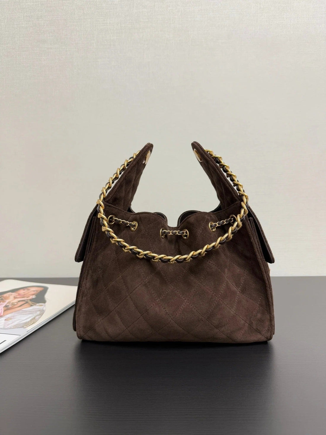 Chanel 25S Hobo Bag 40 Cm In Dark Brown Suede With Gold Hardware