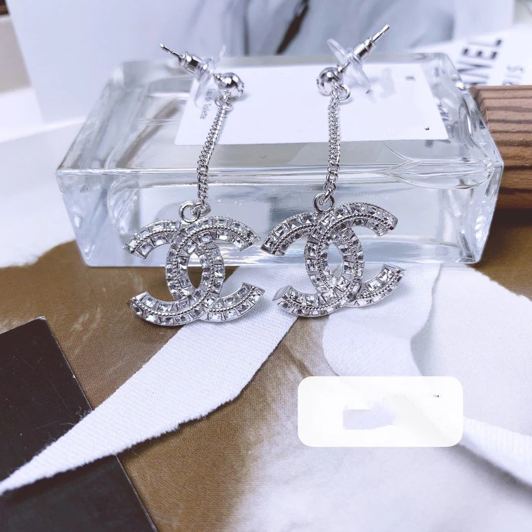 Double C Drop Silver Diamond Earrings
