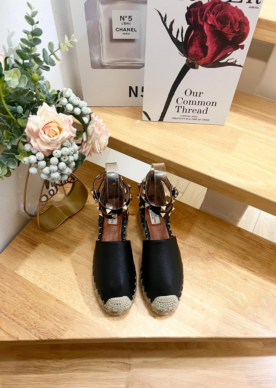 Black Leather Rockstud Espadrilles Ankle Strap Flats