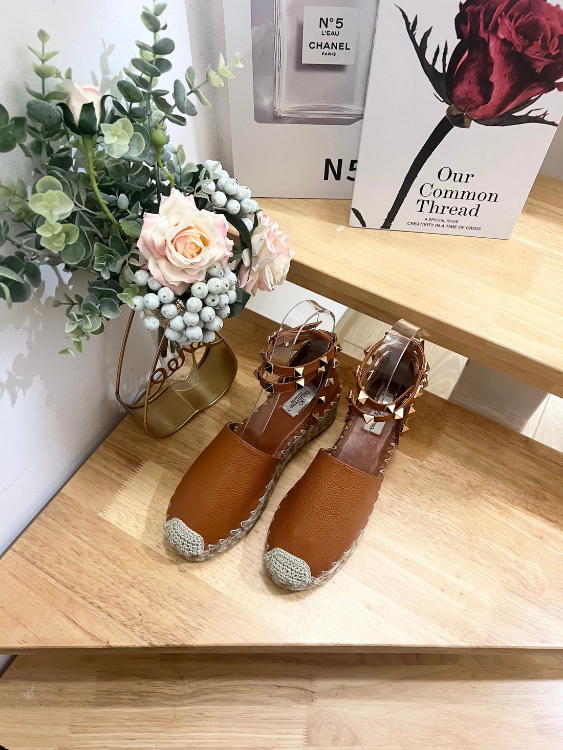Bronze Brown Leather Rockstud Espadrilles Ankle Strap Flats
