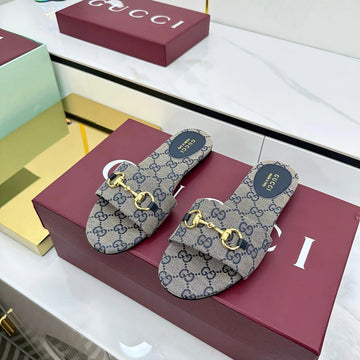 GG Slides In Stone Grey With Gold Hardware