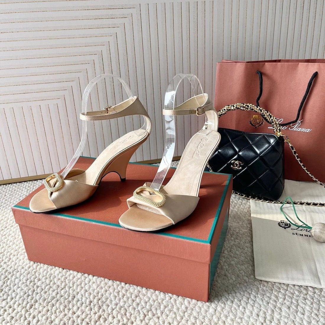 High Heels Sandals 80 Mm In Light Beige Satin Mix Suede