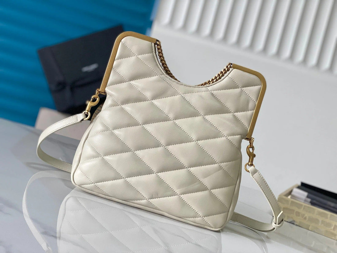26 White Sheepskin With Gold Buckle Bag