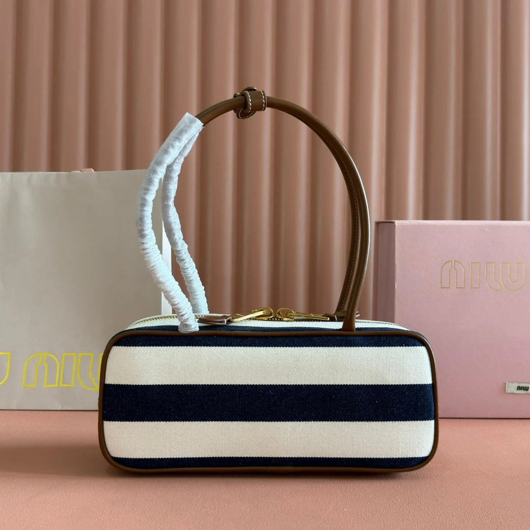 Beau Bag 28 Blue And Beige Stripes In Canvas And Calfskin