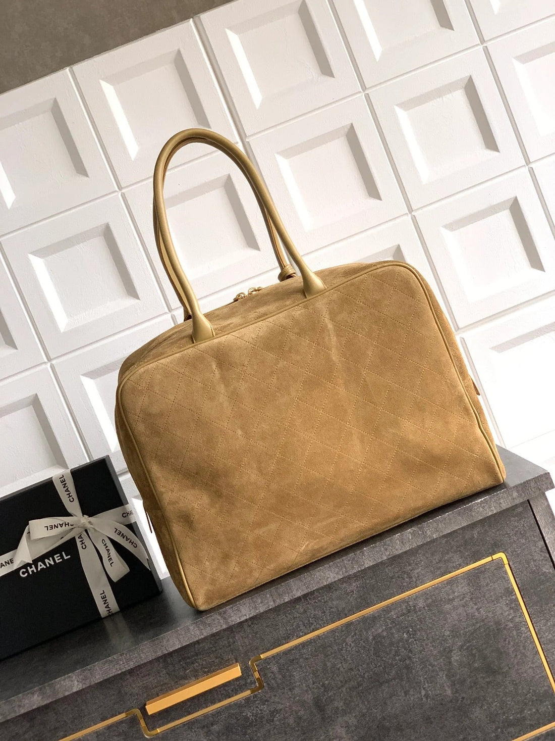 Chanel 2026 Boston Bag 41CM Beige Suede
