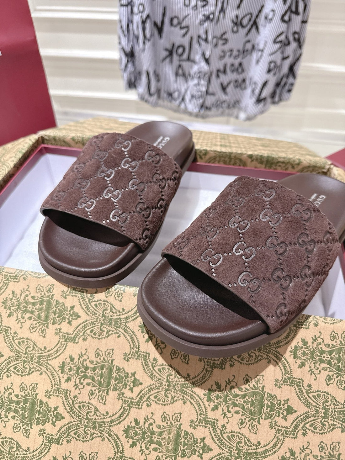 GG Slides In Dark Brown Suede With Embossed Logo Style 1