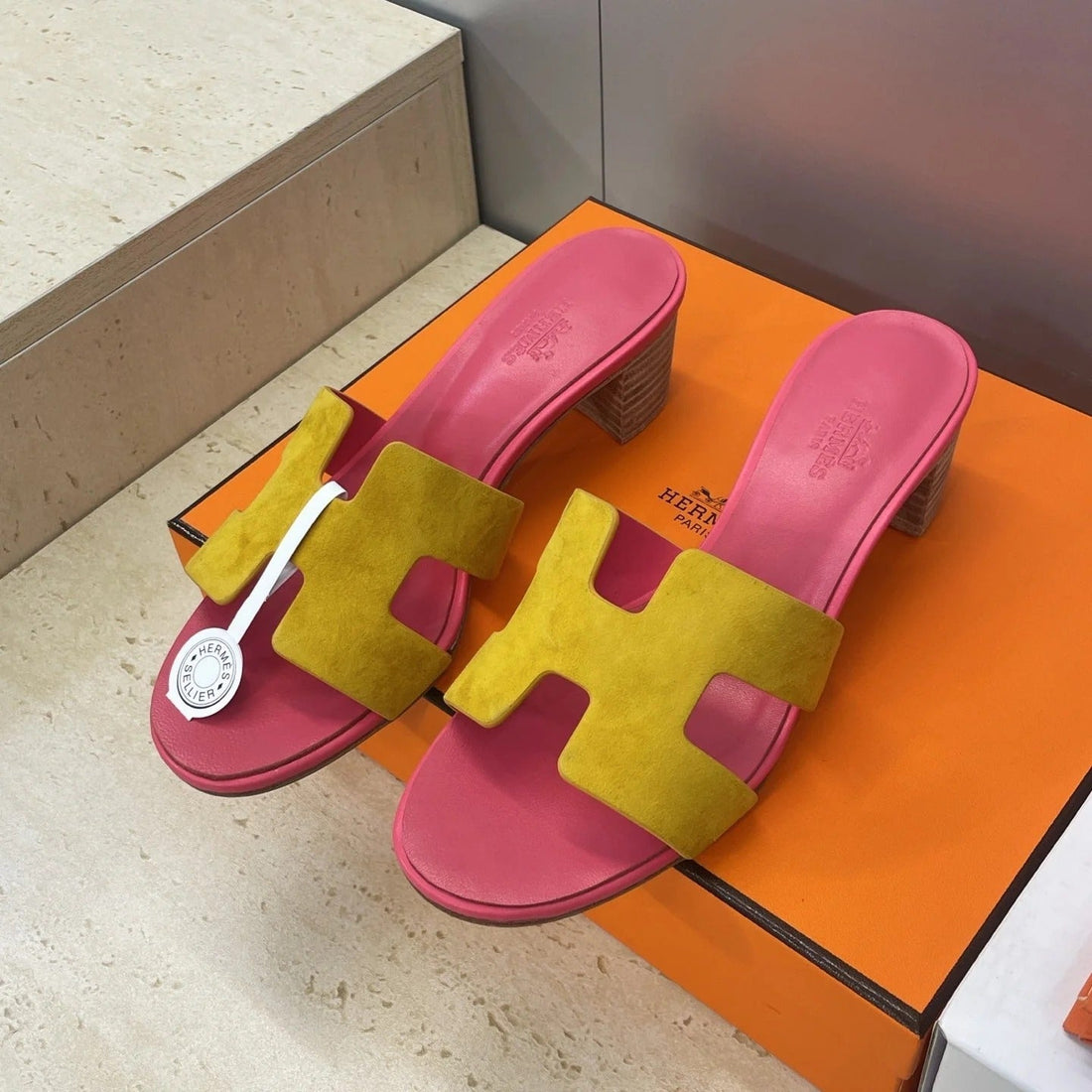 Hm 26SS Oran Sandals 45 Pink Yellow Suede Cowhide 607218