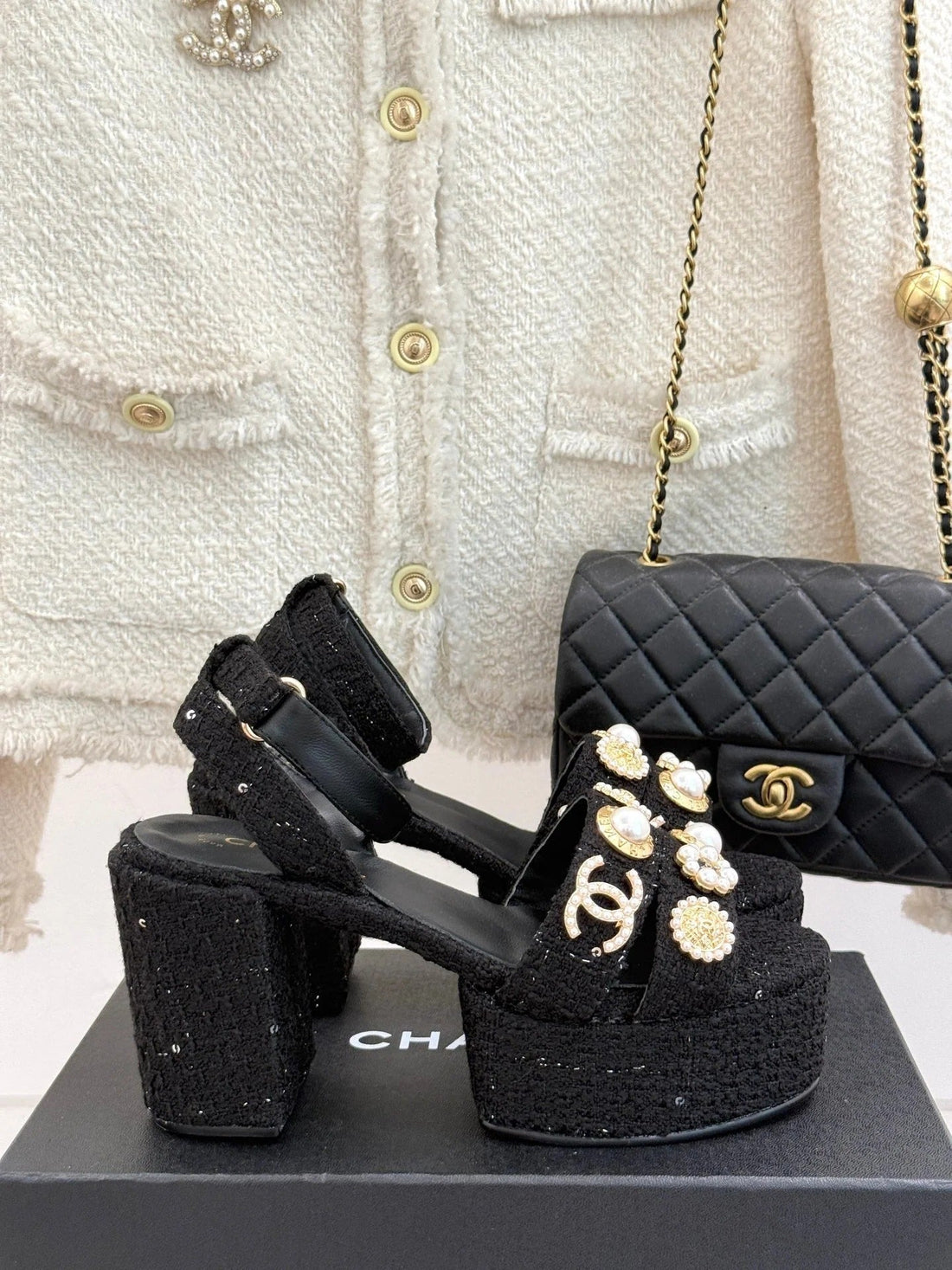CC High Heels In Black Tweed With Pearl And Crystal Embellishments