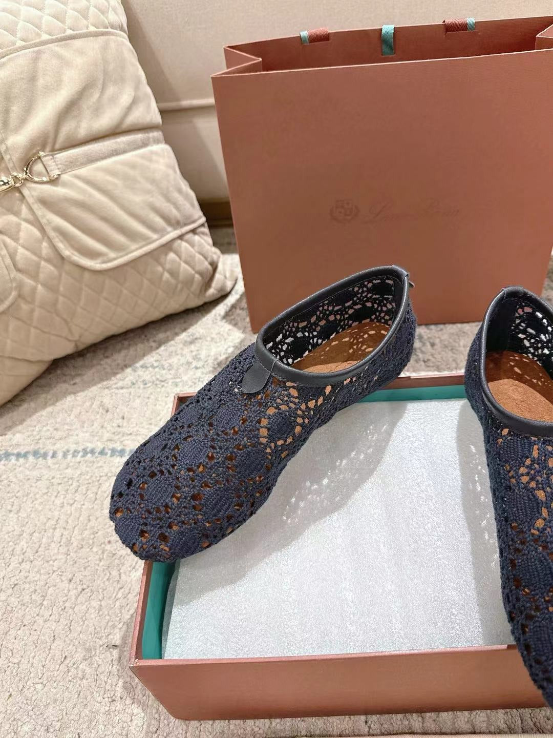Flat Shoes 25 In Dark Blue Mesh Fabric