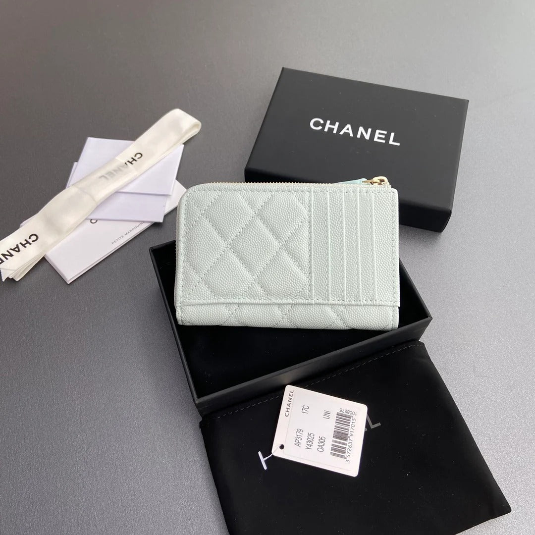 Chanel 2026 Quilted Card Holder 13CM Light Blue Grained Calfskin