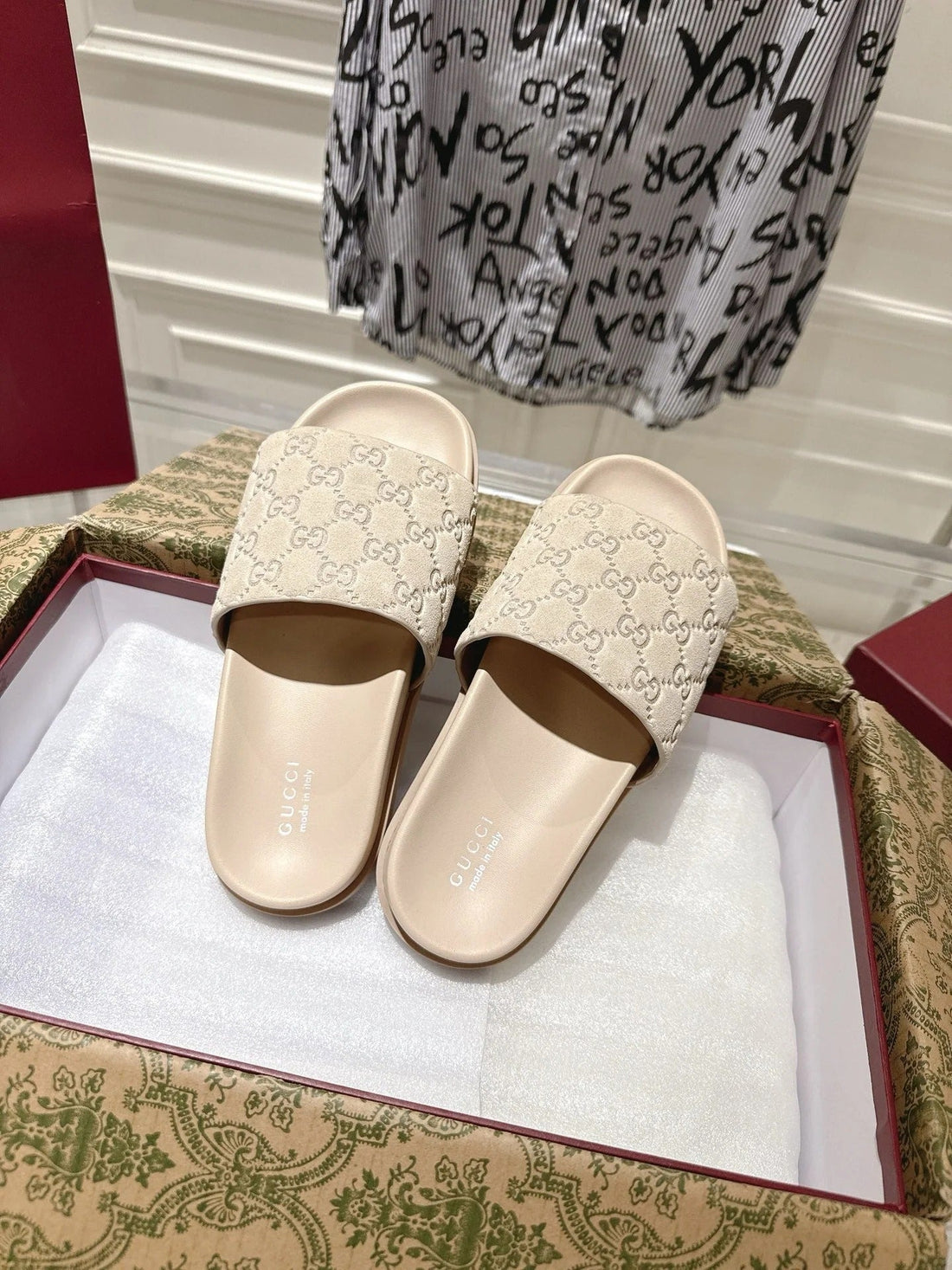 GG Slides In Nude Beige Suede With Embossed Logo Style 2