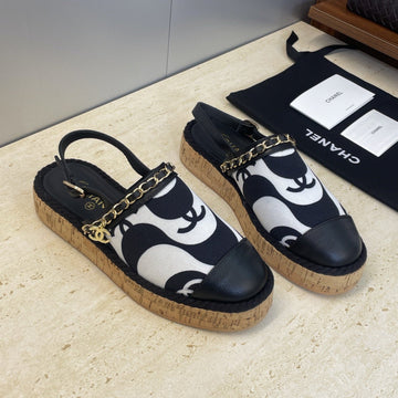 CC 26 Slingback Espadrilles Black Sheepskin Canvas 607462