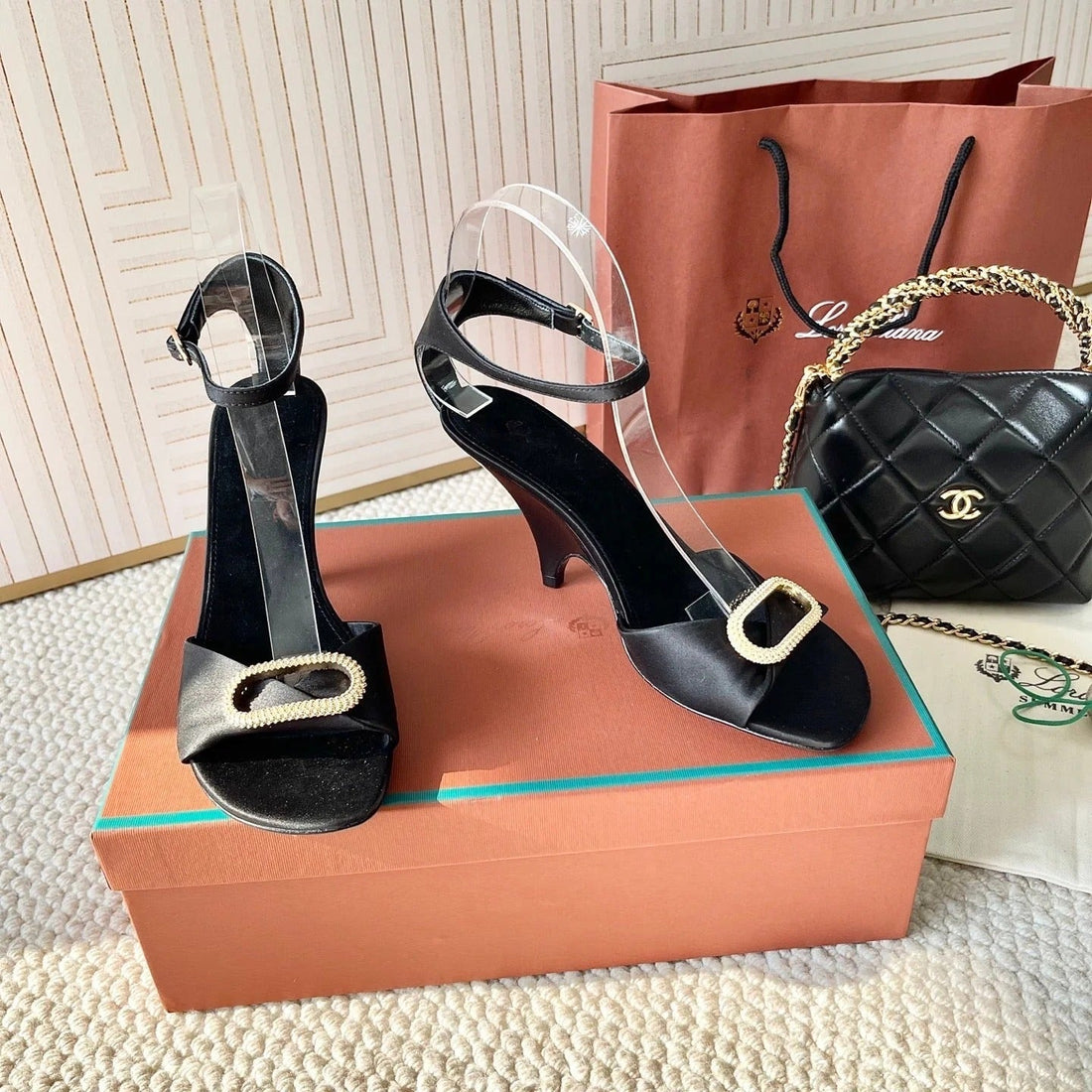 High Heels Sandals 80 Mm In Black Satin Mix Suede