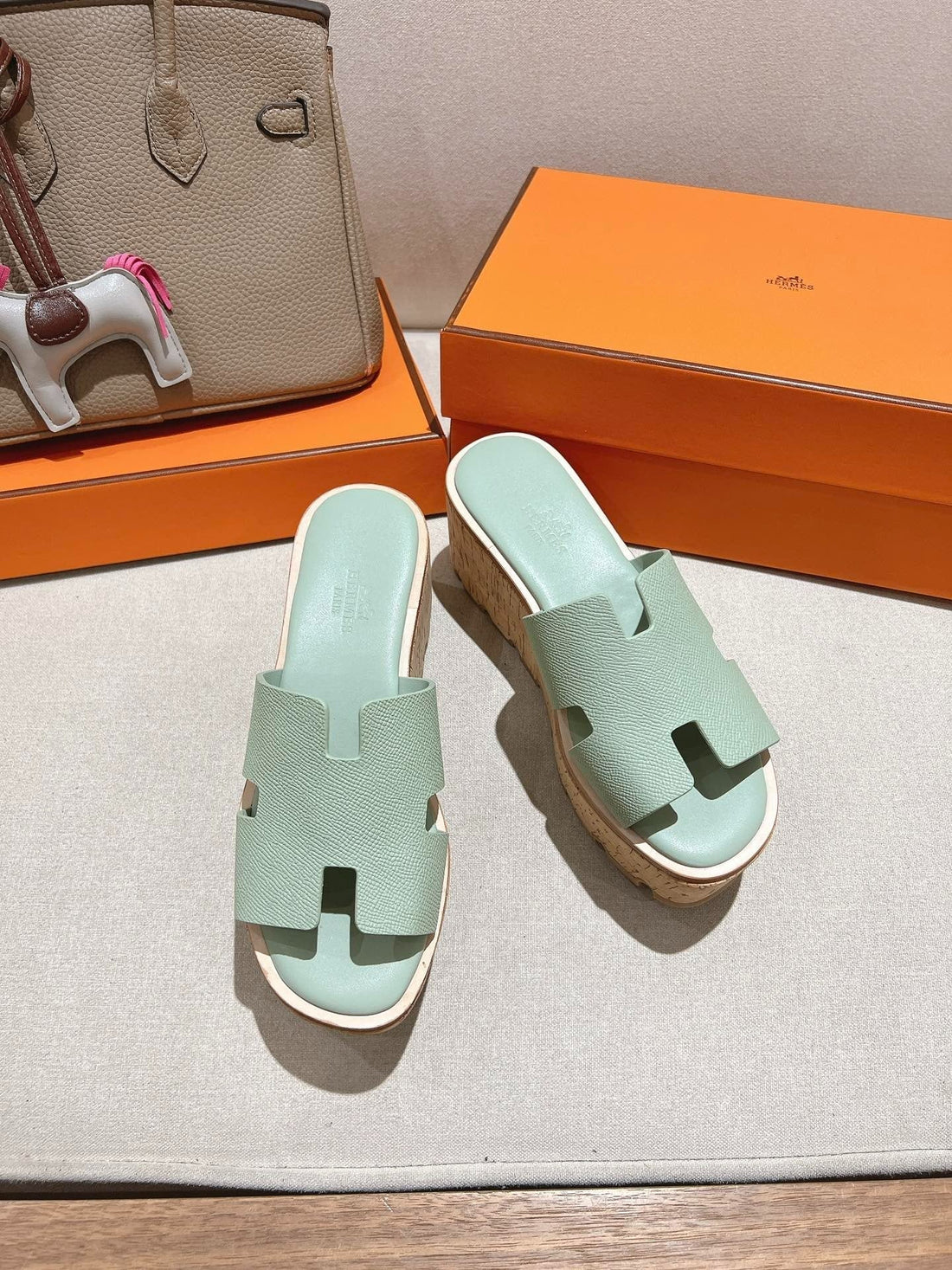 Hm 25S High Wedge Sandals In Soft Mint Green Lambskin Style 28