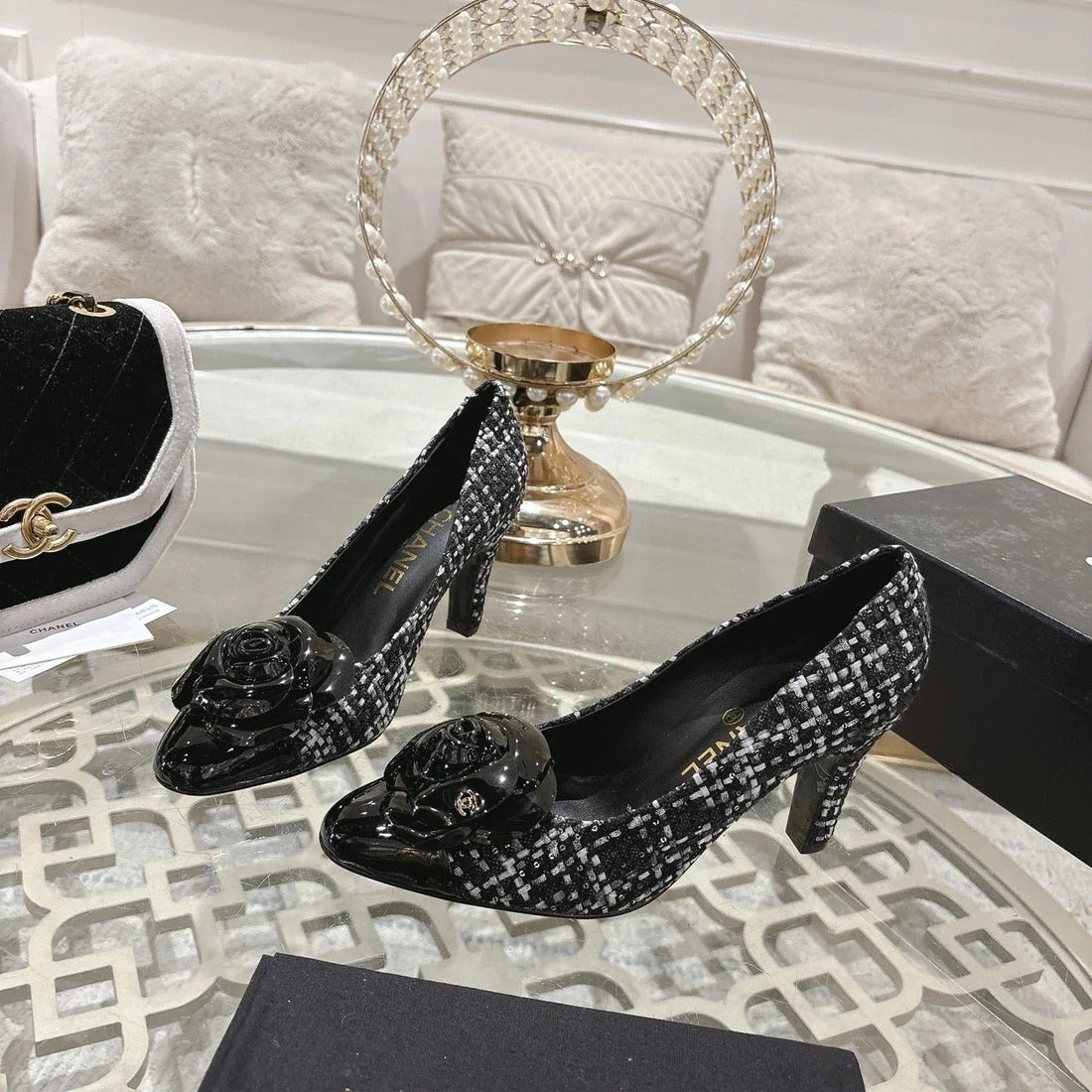 CC 26S High Heels Pump 85 Black White Wool Fabric 627015