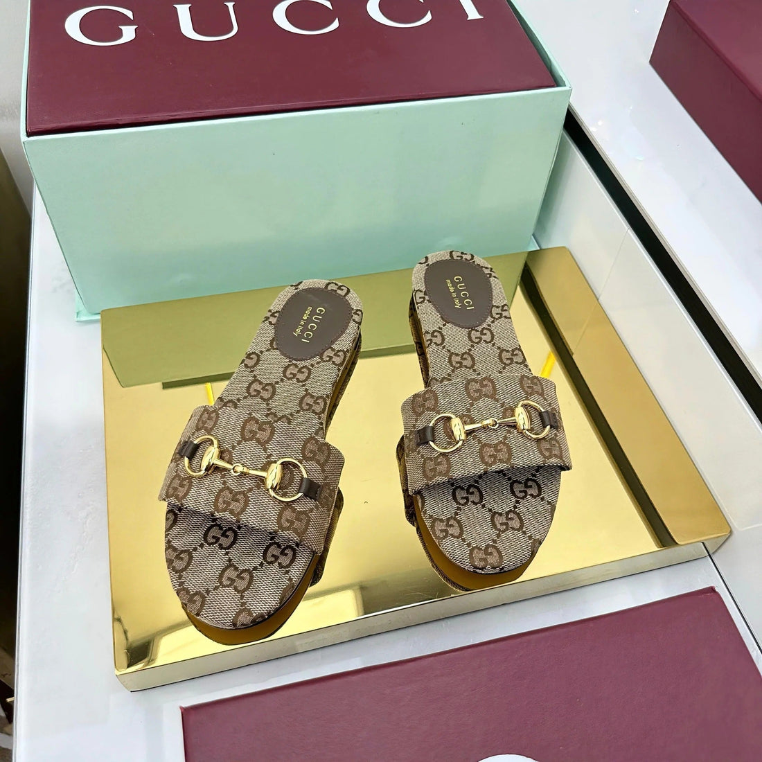GG Slides In Dark Beige With Gold Hardware
