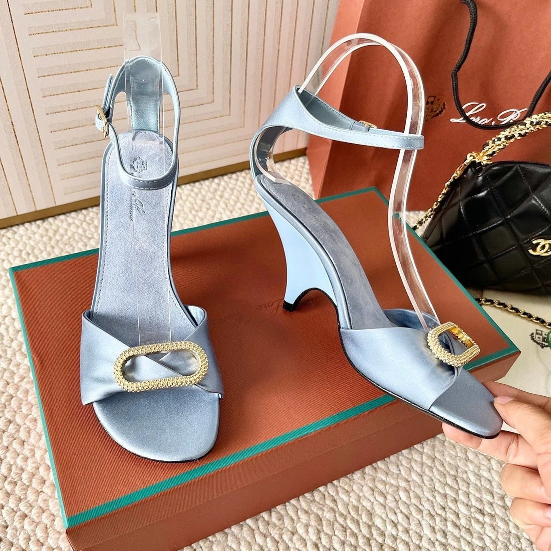 High Heels Sandals 80 Mm In Pastel Blue Satin Mix Suede