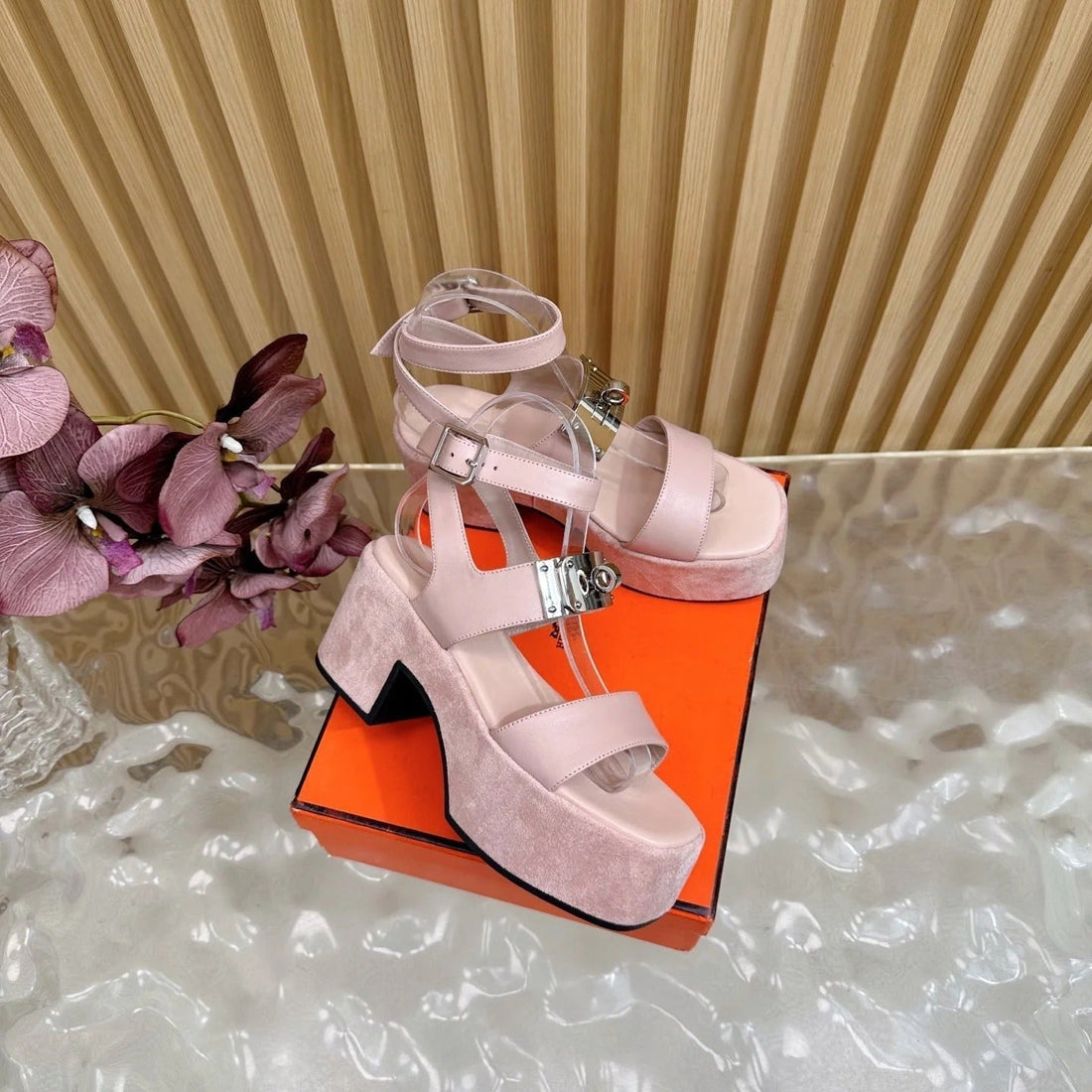 Hm 25S Classic Wedge Sandals 70 Mm In Light Pink Lambskin With Silver Hardware