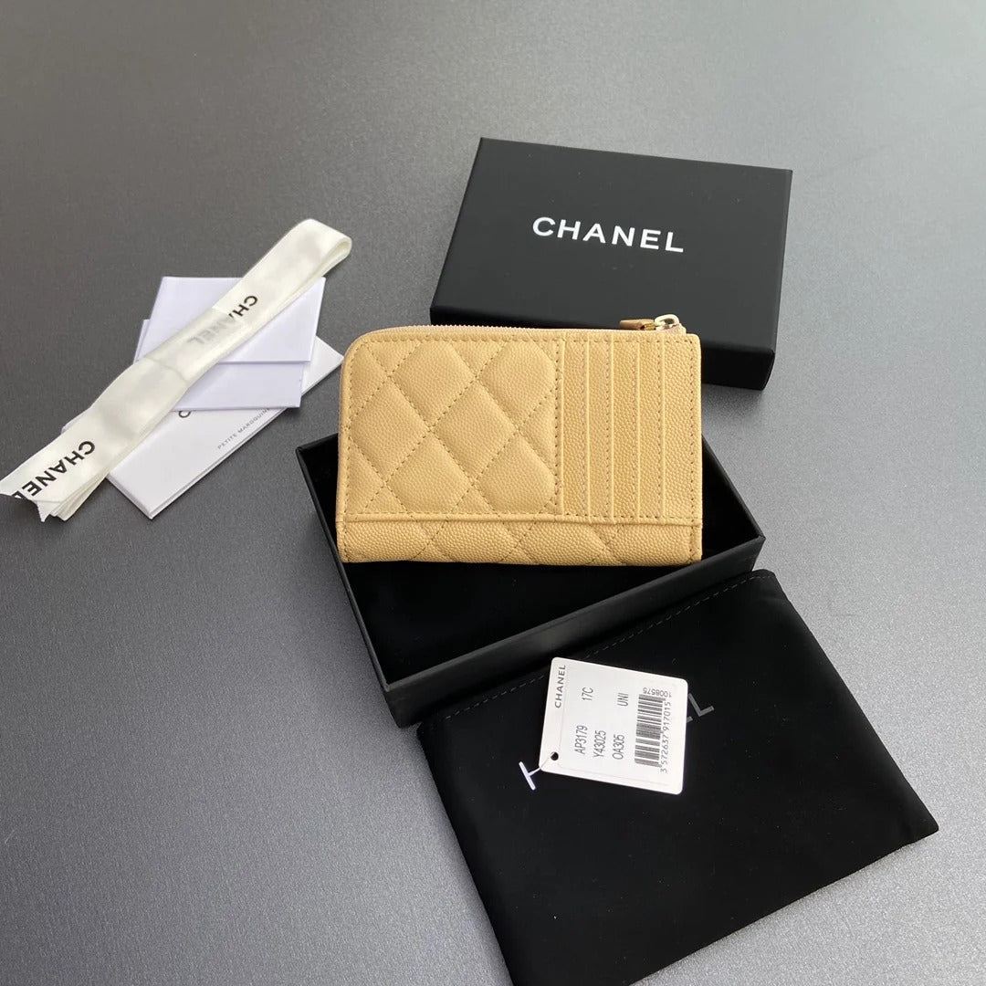 Chanel 2026 Quilted Card Holder 13CM Apricot Grained Calfskin
