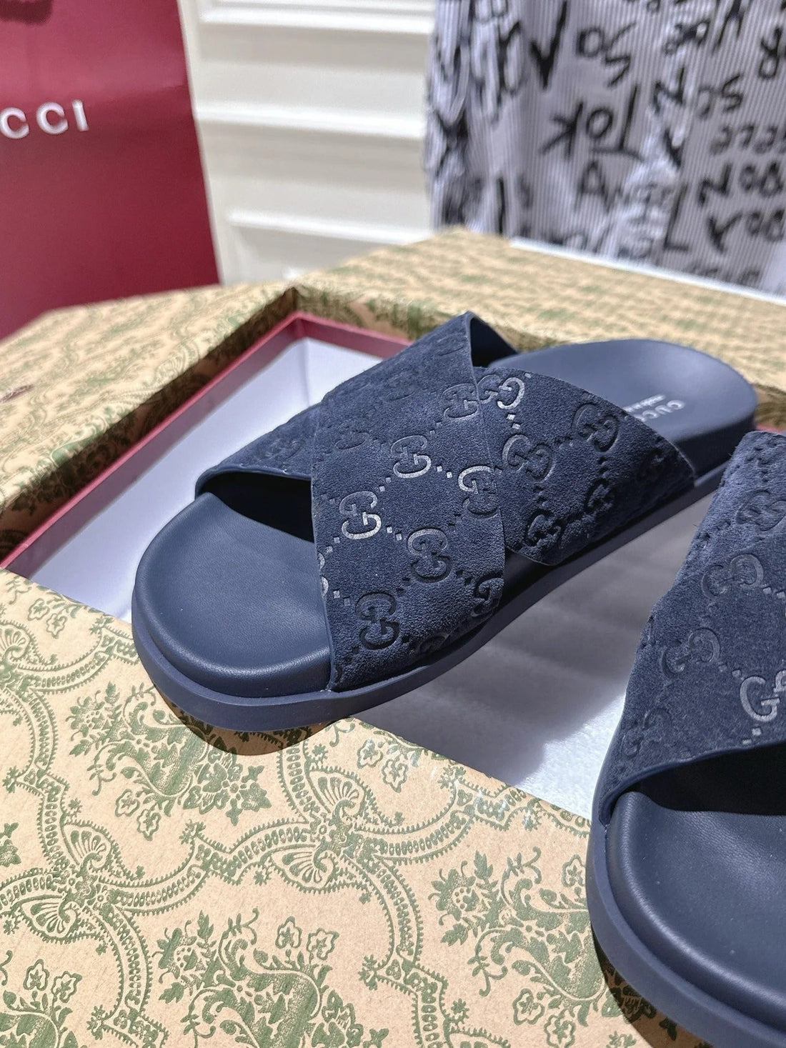 GG Slides In Navy Blue Suede With Embossed Logo Style 10