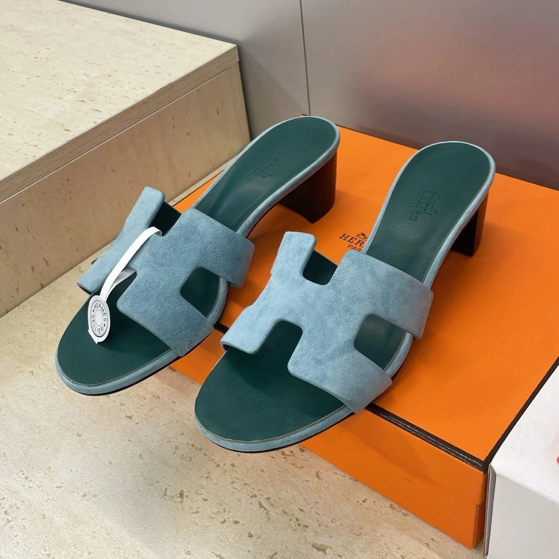 Hm 26SS Oran Sandals 45 Blue Fresh Green Suede Cowhide 607220