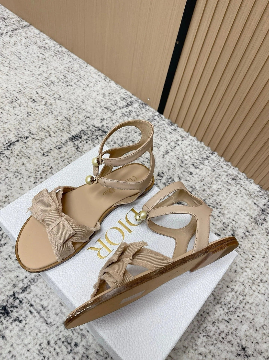 CD 26S Sandals Beige Sheepskin Canvas 643495
