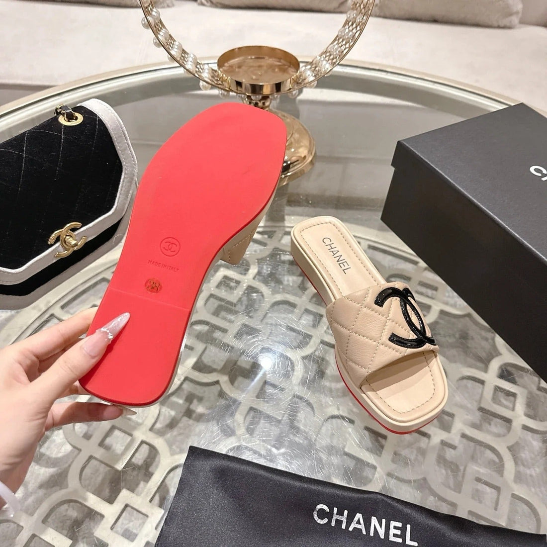 CC 26S Platform Slippers Beige Sheepskin 627070